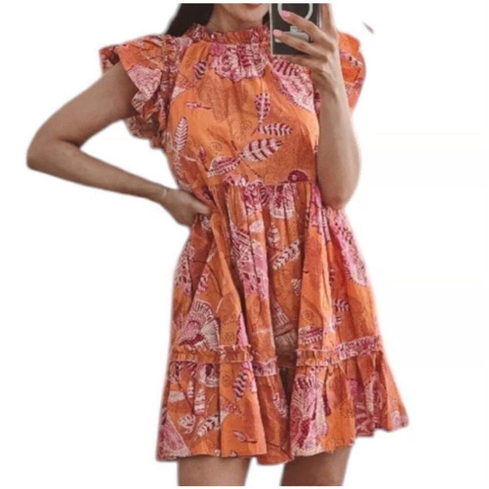 House Of Harlow 1960 Mini Dress Size M Burnt Orange Pink Floral Paisley Short Ru